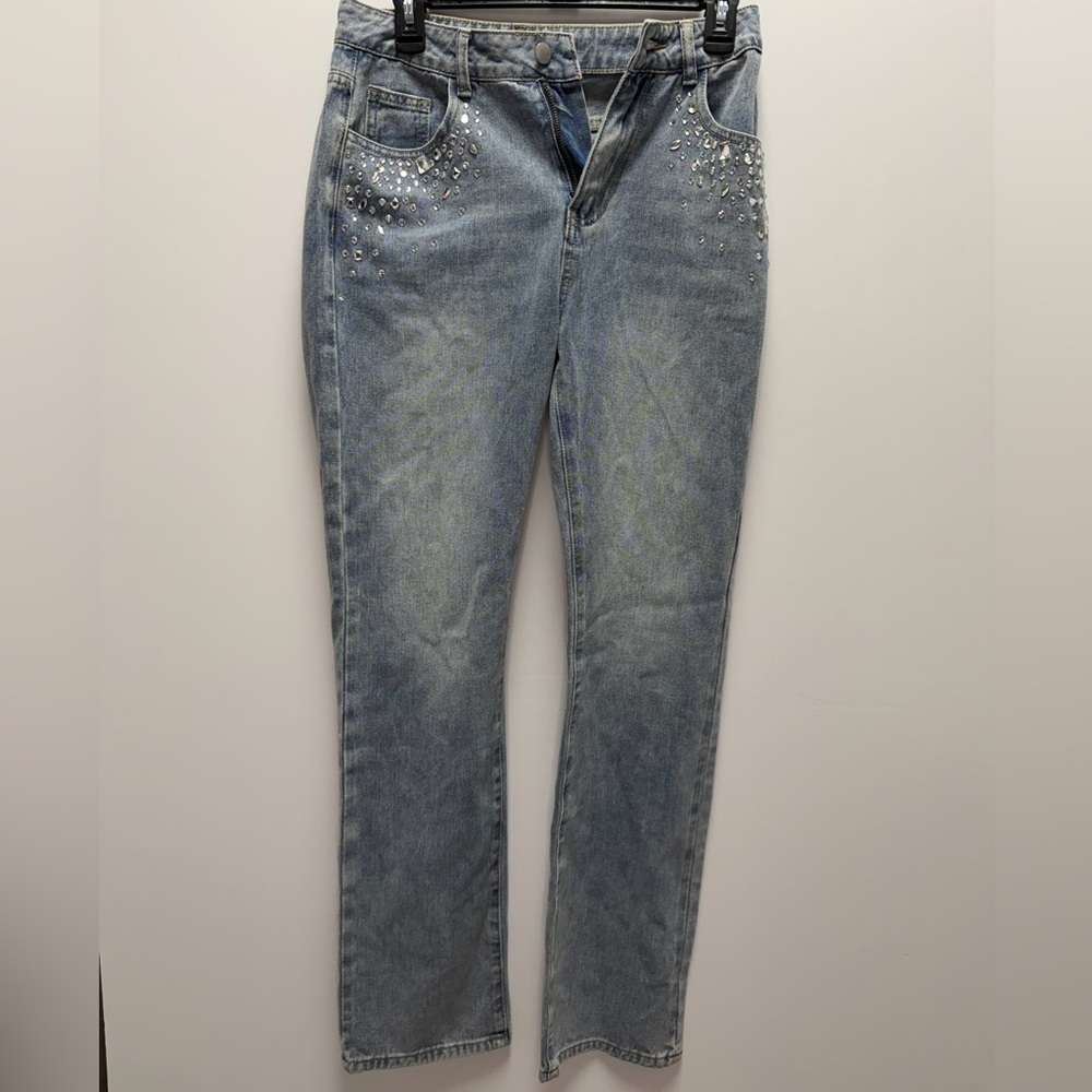 EUC BaeVely Rhinestone Embellished Denim Blue Jeans Size Small